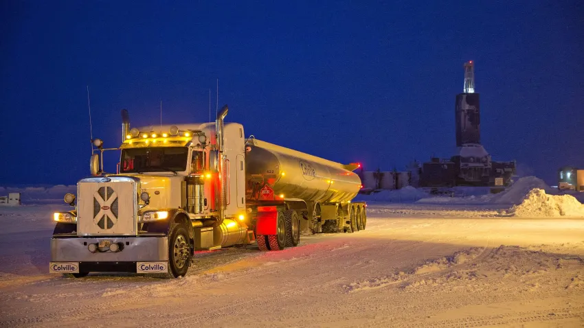 A tanker truck sits near a Parker Drilling Co. oil rig in Prudhoe Bay, Alaska, U.S., on Wednesday, Feb. 15, 2017. Four decades after the Trans Alaska Pipeline System went live, transforming the North Slope into a modern-day Klondike, many Alaskans fear the best days have passed. Photographer: