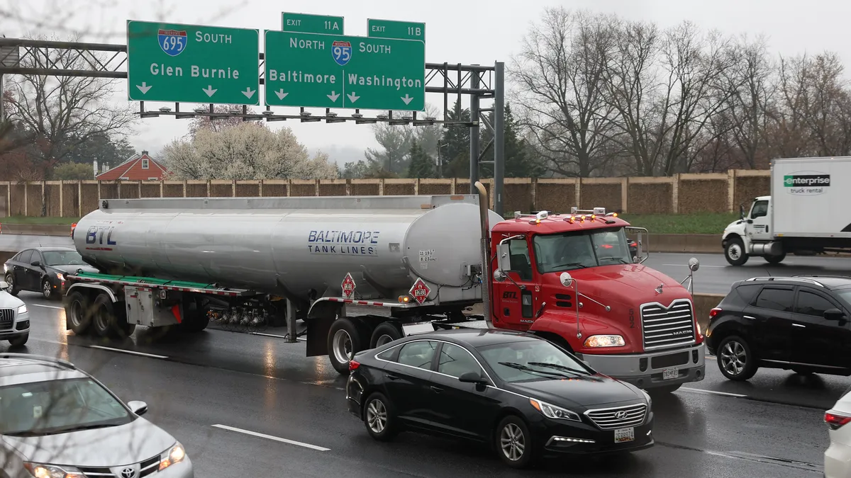 A Baltimore Tank Lines truck drives westbound on Interstate 695 in Catonsville, Maryland, on March 27 following the collapse of the Francis Scott Key Bridge by the cargo ship Dali. Truckers asked for relief in response to the incident. Kevin Dietsch/Getty Images via Getty Images